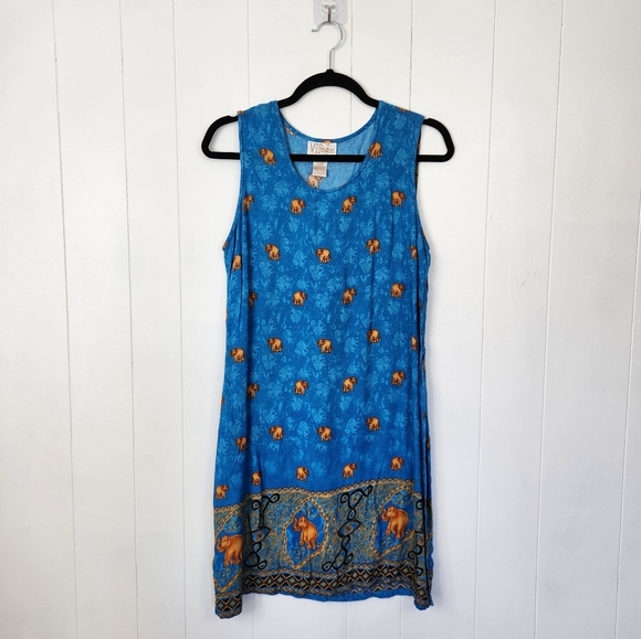 Vintage 90s Summer Midi Dress 1990s Sheath Sundress Elephants Beach Boho Medium - Picture 1 of 8